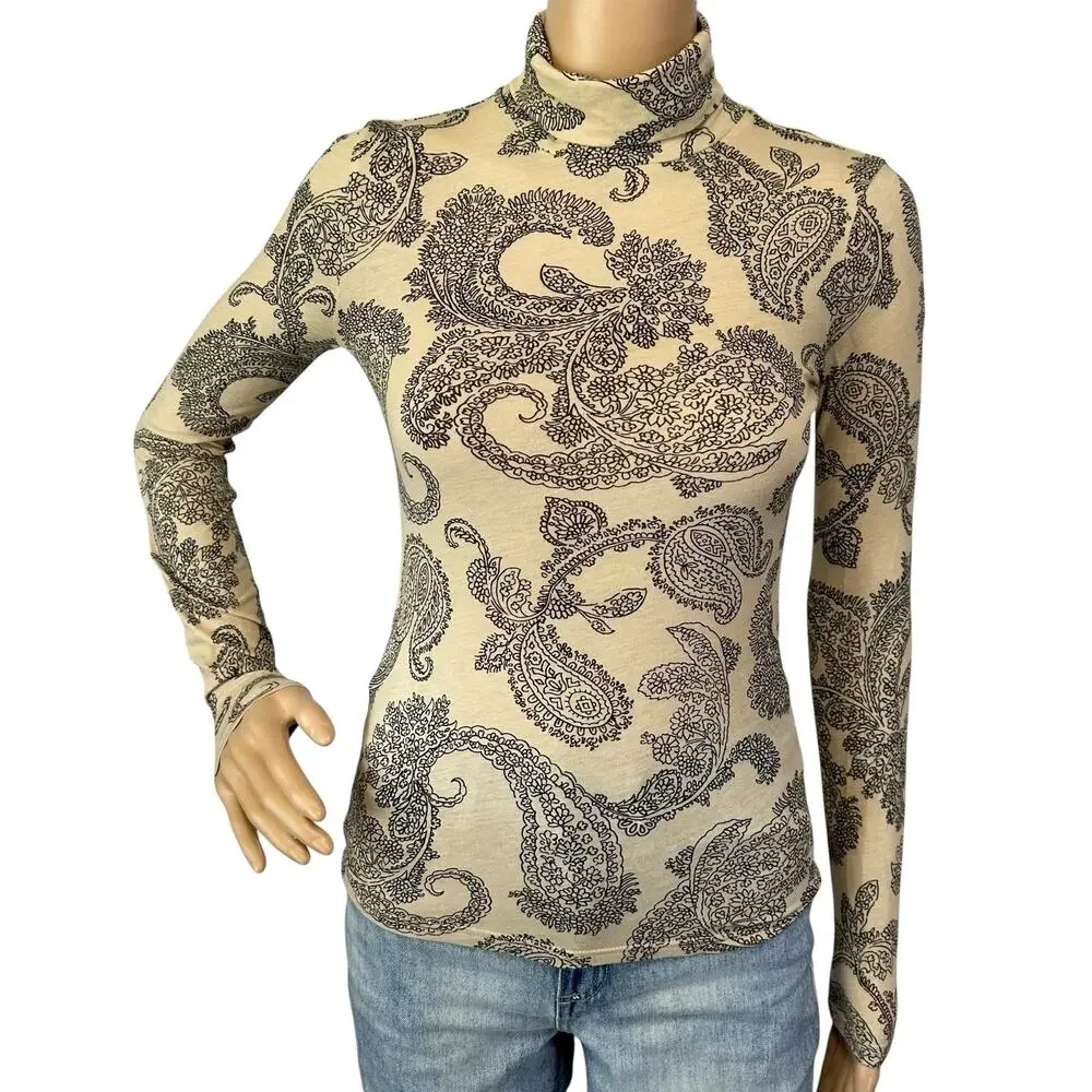J. Crew Feather Jersey Turtleneck Top in Paisley Candlelight CP723 Size XXS